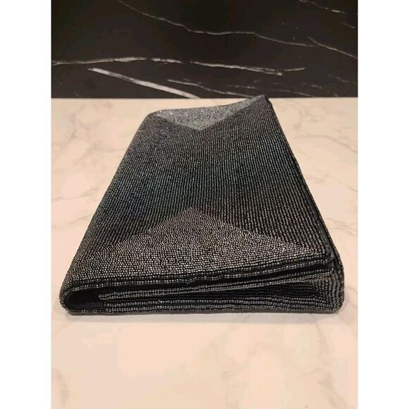 Vintage Figi Bay Handmade Black Beaded Clutch Bag Rectangle 12"x6" Foldover EUC - Picture 2 of 8